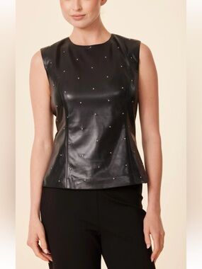 Sleeveless Black Faux-Leather Studded Top M